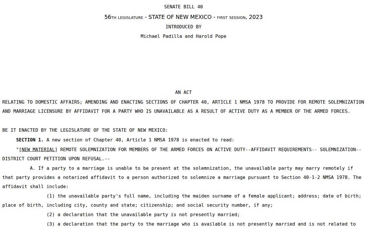 New Mexico marriage license law and recording requirement