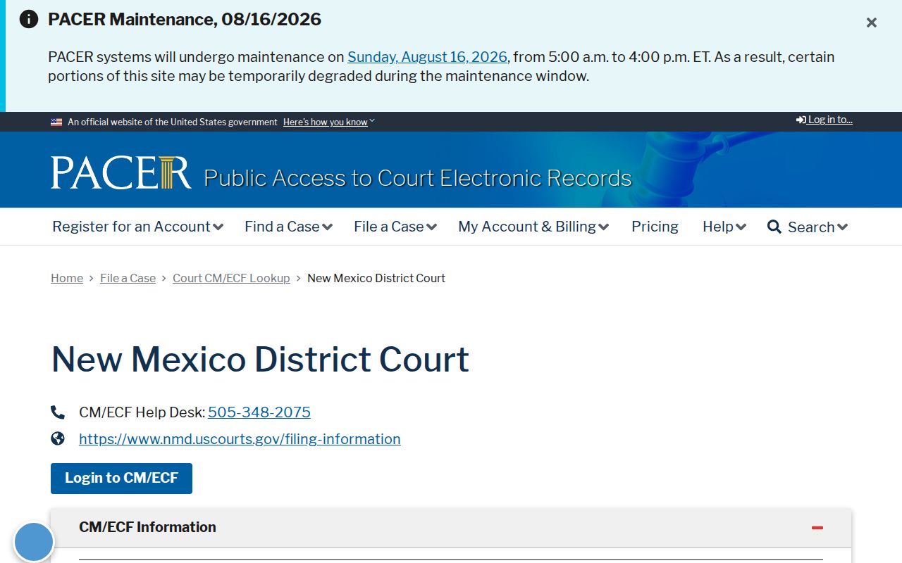 PACER record access for the federal New Mexico court system