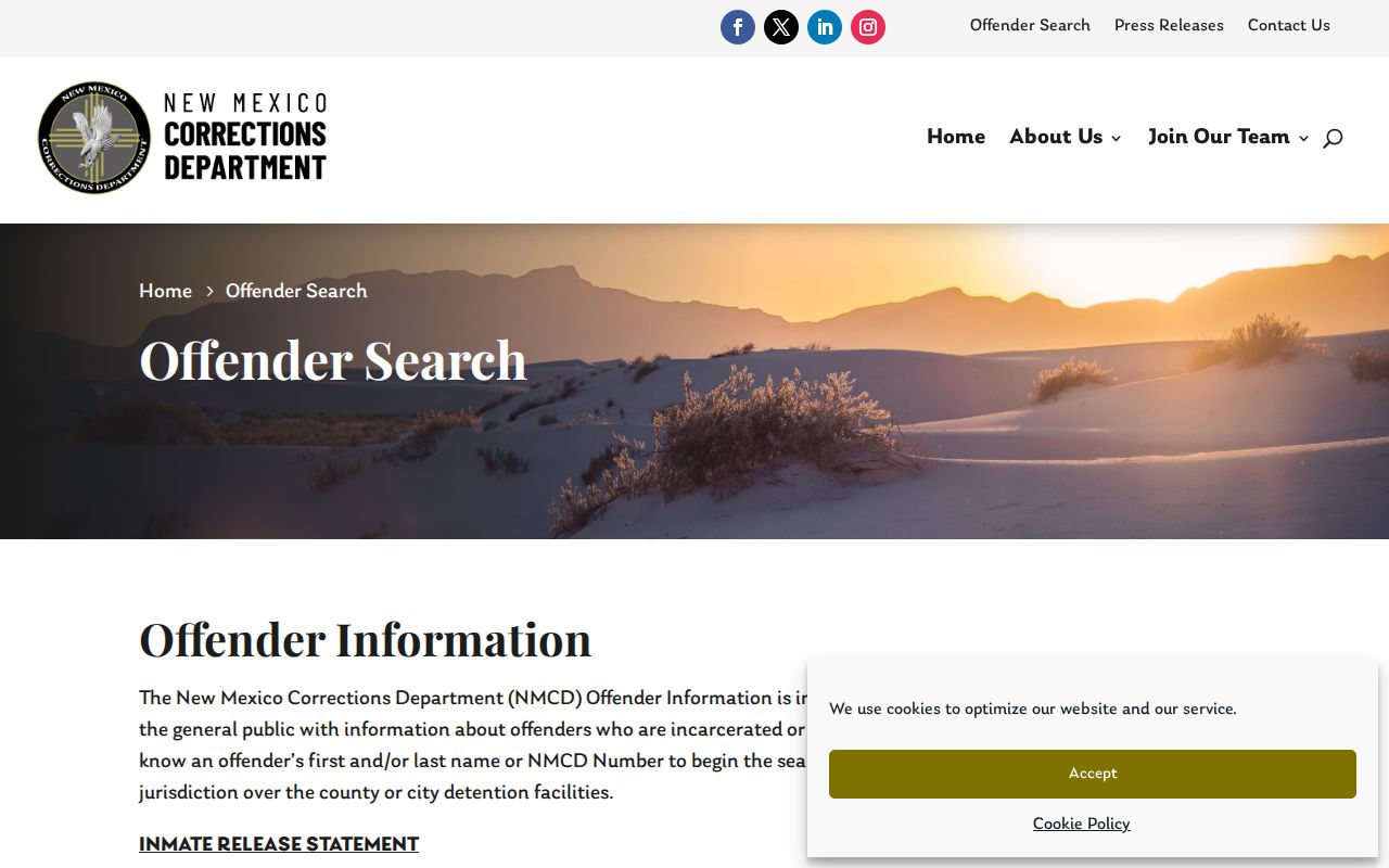 New Mexico inmate records NMCD Offender Search screen