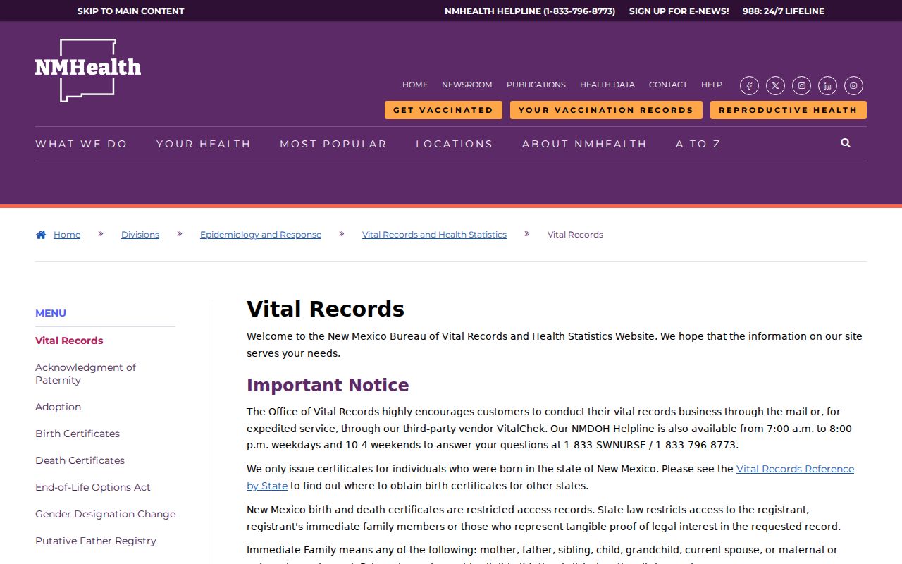 New Mexico vital records office marriage and divorce routing guidance